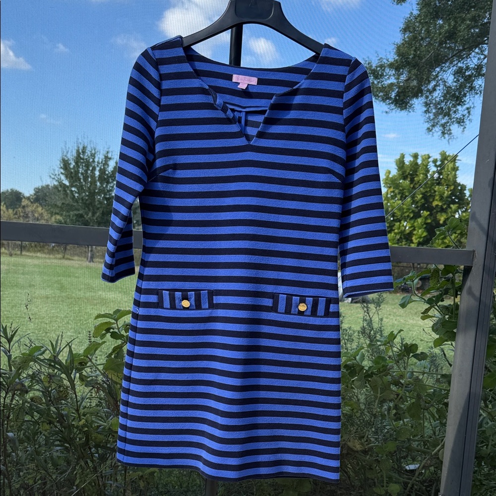 Lilly Pulitzer Navy and Blue Striped 3/4 Long Sleeve Dress